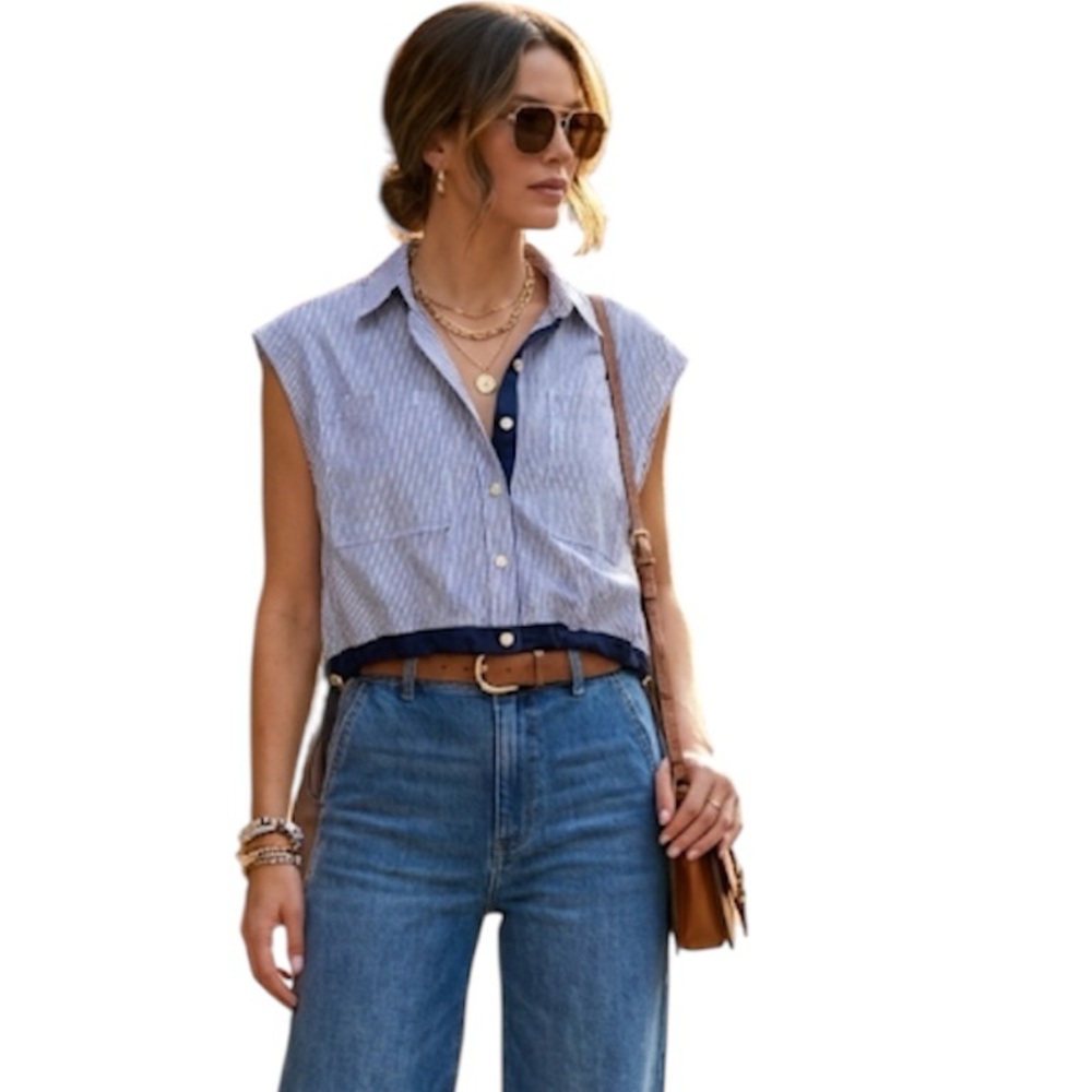 Marc New York Blue PenStripe Button Down Short Sleeve Shirt Size: Large
